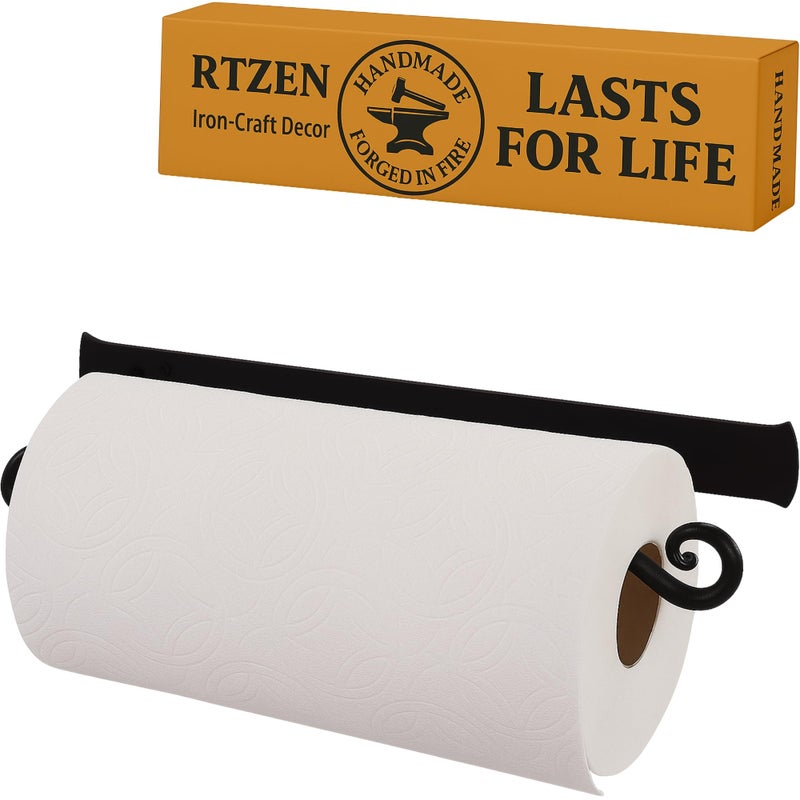 RTZEN Horizontal Black Paper Towel Holder - Handcrafted Rustic Metal Decorative Wrought Iron Decor - Farmhouse Wall Mount Paper Towel Holder for Kitchen or Bathroom - Image 1